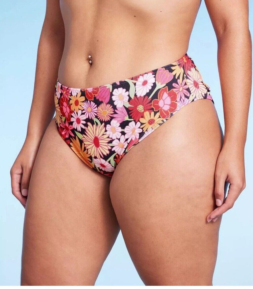 Wild Fable Ribbed High Waist High Leg Cheeky Bikini Bottom Floral Women XS NWT